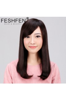 FESHFEN真发假发中长发梨花头真人发丝时尚女士逼真机制手织头套