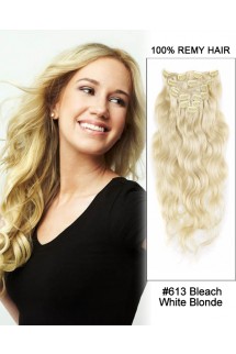 16” #613 Bleach White Blonde 7pcs Body Wave Remy Hair Clip in Hair Extensions