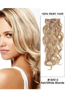 14” 7pcs #18/613 Ash White Blonde Body Wave 100% Remy Hair Clip In Human Hair Extensions