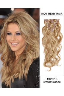 14” 7pcs #12/613 Brown/Blonde Body Wave 100% Remy Hair Clip In Human Hair Extensions