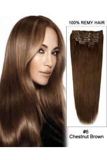 16” 11pcs #6 Chestnut Brown Straight Clip in Remy Human Hair Extensions