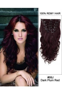 16” 7pcs #99J Dark Plum Red Body Wave 100% Remy Hair Clip In Human Hair Extensions