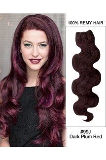 20” #99J Dark Plum Red Body Wave Weave Remy Human Hair Extension