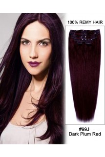 20” 11pcs Straight Clip in Remy Human Hair Extensions #99J Dark Plum Red