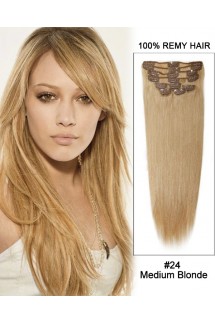 16” 11pcs #24 Medium Blonde Straight Clip in Remy Human Hair Extensions