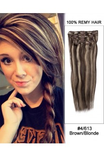 16” 7pcs #4/30 Medium Brown/Auburn Straight 100% Remy Hair Clip In Human Hair Extensions