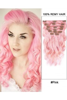 16” 7pcs #Pink Body Wave 100% Remy Hair Clip In Human Hair Extensions