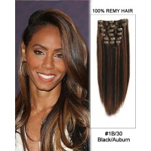 14” 7pcs #1B/30 Black/Auburn Straight 100% Remy Hair Clip In Human Hair Extensions