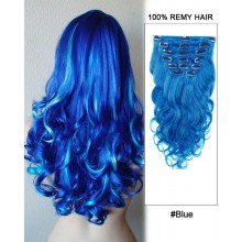 16” 7pcs #Blue Body Wave 100% Remy Hair Clip In Human Hair Extensions