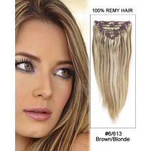 26” 9pcs Straight 100% Remy Hair Clip in Extensions #6/613 Brown/Blonde