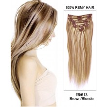 14” 7pcs #6/613 Brown/Blonde Straight 100% Remy Hair Clip In Hair Extensions