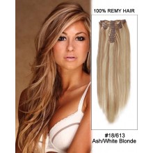 14” 7pcs #18/613 Ash White Blonde Straight 100% Remy Hair Clip In Human Hair Extensions