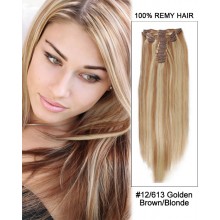 14” 7pcs #12/613 Brown/Blonde Straight 100% Remy Hair Clip In Human Hair Extensions