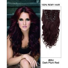 16” 7pcs #99J Dark Plum Red Body Wave 100% Remy Hair Clip In Human Hair Extensions