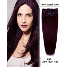 20” 11pcs Straight Clip in Remy Human Hair Extensions #99J Dark Plum Red