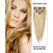 16” 7pcs Straight 100% Remy Hair Clip In Hair Extensions #12/613-Golden Brown/Blonde