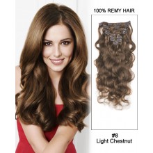 20” 9pcs Body Wave Clip in Remy Human Hair Extensions #8 Light Chestnut