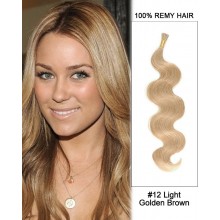 14” #12 Light Golden Brown Body Wave Stick Tip I Tip 100% Remy Hair Keratin Hair Extensions-50 strands, 1g/strand