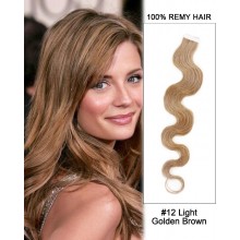 14” #12 Light Golden Brown Body Wave 100% Remy Hair Tape In Hair Extensions-20 pcs