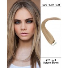 14” #12 Light Golden Brown Straight 100% Remy Hair Tape In Hair Extensions-40 pcs