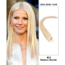 14” #24 Medium Blonde Straight 100% Remy Hair Tape In Hair Extensions-40 pcs
