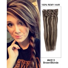 16” 7pcs #4/30 Medium Brown/Auburn Straight 100% Remy Hair Clip In Human Hair Extensions