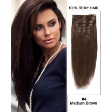 16” 7pcs #4 Medium Brown Straight 100% Remy Hair Clip In Human Hair Extensions