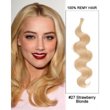 14” #27 Strawberry Blonde Body Wave Stick Tip I Tip 100% Remy Hair Keratin Hair Extensions-50 strands, 1g/strand