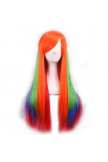 Women colorful Wig Gradient Long straight hair Heat Resistant Cosplay Wigs (Orange + Green + Jewelry blue)