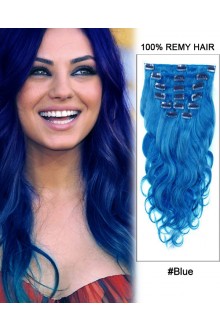 16”  7pcs Blue Body Wave 100% Remy Hair Clip In Hair Extensions