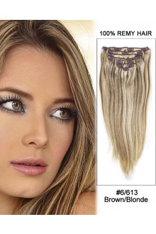 26” 9pcs Straight 100% Remy Hair Clip in Extensions #6/613 Brown/Blonde