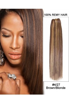 16” #4/27 Brown/Blonde Straight Weave 100% Remy Hair Weft Human Hair Extensions