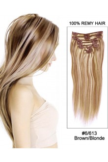 14” 7pcs #6/613 Brown/Blonde Straight 100% Remy Hair Clip In Hair Extensions