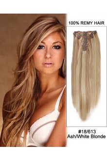 14” 7pcs #18/613 Ash White Blonde Straight 100% Remy Hair Clip In Human Hair Extensions