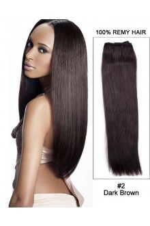 16” Yaki Straight Brazilian Remy Hair Weave Weft Human Hair Extensions- #2 Dark Brown