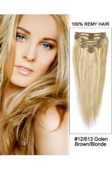 16” 7pcs Straight 100% Remy Hair Clip In Hair Extensions #12/613-Golden Brown/Blonde