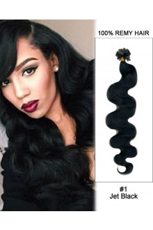 14”#1 Jet Black Body Wave Nail Tip U Tip 100% Remy Hair Keratin Hair Extensions-100 strands, 1g/strand