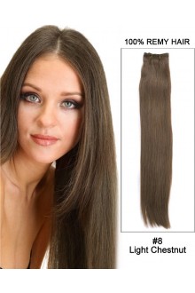 18” Silky Straight Brazilian Remy Hair Weave Human Hair Extensions-#8 Light Chestnut