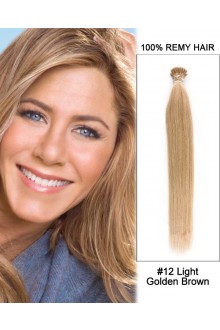 14” #12 Light Golden Brown Straight Stick Tip I Tip 100% Remy Hair Keratin Hair Extensions-100 strands, 1g/strand