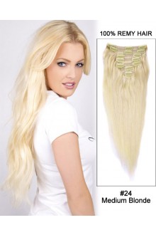 14” 7pcs #24 Medium Blonde Straight 100% Remy Hair Clip in Hair Extensions