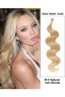 14” #14 Natural Ash Blonde Body Wave Stick Tip I Tip 100% Remy Hair Keratin Hair Extensions-50 strands, 1g/strand