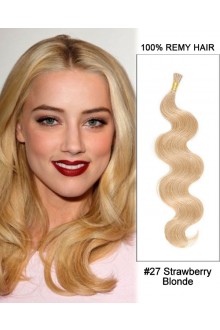 14” #27 Strawberry Blonde Body Wave Stick Tip I Tip 100% Remy Hair Keratin Hair Extensions-50 strands, 1g/strand