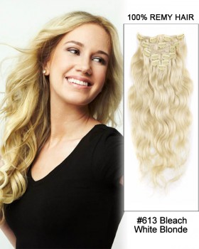 16” #613 Bleach White Blonde 7pcs Body Wave Remy Hair Clip in Hair Extensions