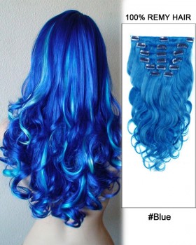 16” 7pcs #Blue Body Wave 100% Remy Hair Clip In Human Hair Extensions