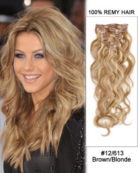 14” 7pcs #12/613 Brown/Blonde Body Wave 100% Remy Hair Clip In Human Hair Extensions