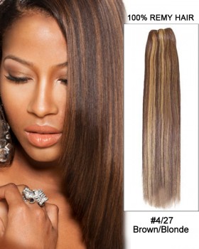 16” #4/27 Brown/Blonde Straight Weave 100% Remy Hair Weft Human Hair Extensions