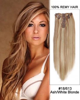 14” 7pcs #18/613 Ash White Blonde Straight 100% Remy Hair Clip In Human Hair Extensions