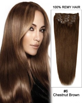 16” 11pcs #6 Chestnut Brown Straight Clip in Remy Human Hair Extensions