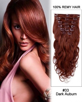 26” 11pcs Body Wave Clip in Remy Human Hair Extensions #33 Dark Auburn