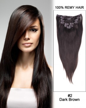 24” 9pcs #2 Dark Brown Straight Clip in Remy Human Hair Extensions